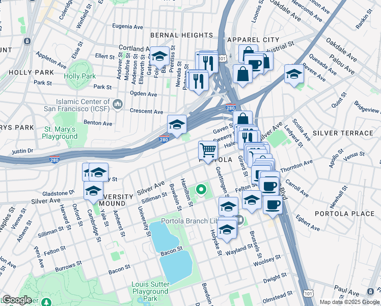 map of restaurants, bars, coffee shops, grocery stores, and more near 270 Sweeny Street in San Francisco