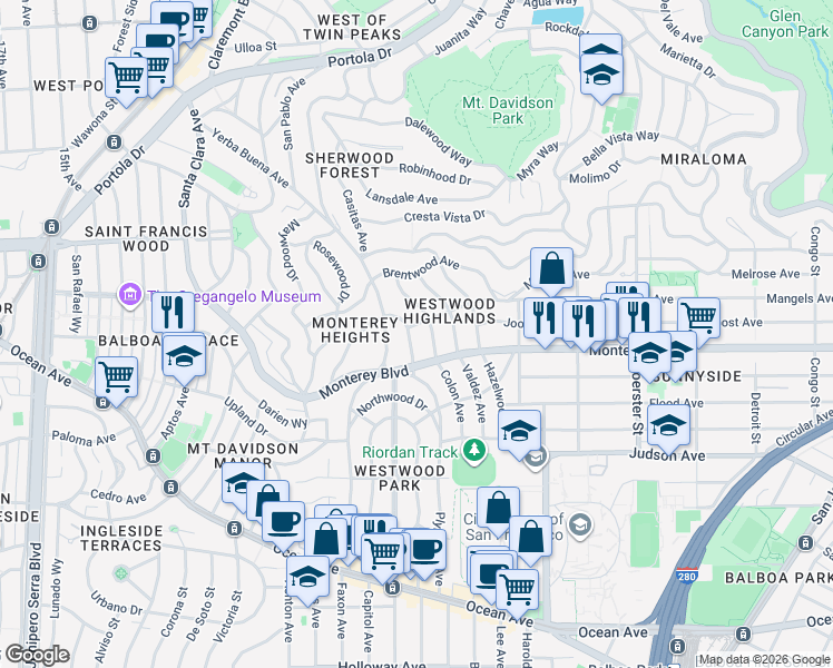 map of restaurants, bars, coffee shops, grocery stores, and more near 401 Colon Avenue in San Francisco