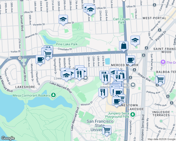 map of restaurants, bars, coffee shops, grocery stores, and more near 96 Inverness Drive in San Francisco