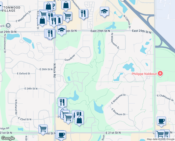 map of restaurants, bars, coffee shops, grocery stores, and more near 8519 East Greenbriar Court in Wichita