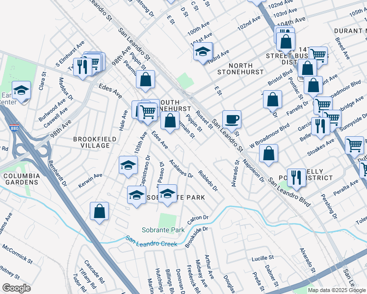 map of restaurants, bars, coffee shops, grocery stores, and more near 10838 Edes Avenue in Oakland