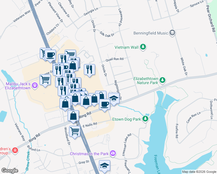 map of restaurants, bars, coffee shops, grocery stores, and more near 1700 Oriole Drive in Elizabethtown
