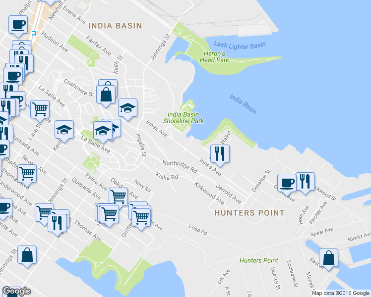 map of restaurants, bars, coffee shops, grocery stores, and more near Innes Avenue & Griffith Street in San Francisco