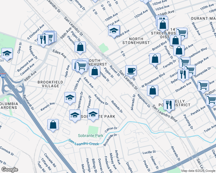 map of restaurants, bars, coffee shops, grocery stores, and more near 763 Moorpark Street in Oakland
