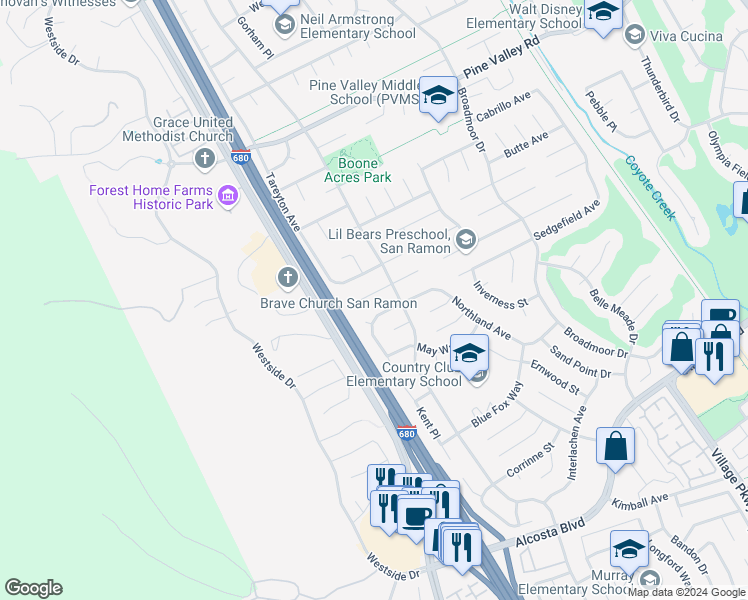map of restaurants, bars, coffee shops, grocery stores, and more near 2830 Winthrop Avenue in San Ramon