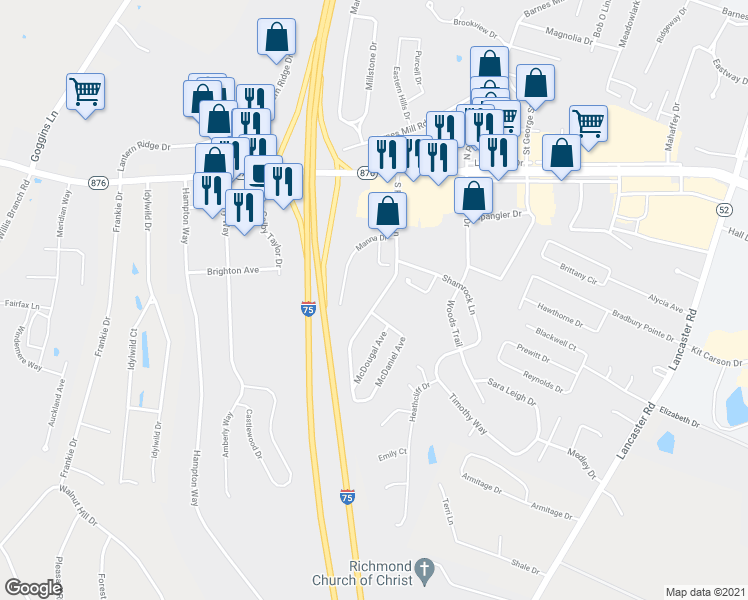 map of restaurants, bars, coffee shops, grocery stores, and more near 184 South Killarney Lane in Richmond