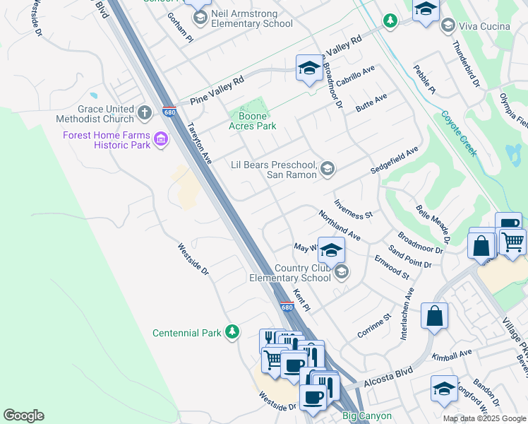 map of restaurants, bars, coffee shops, grocery stores, and more near 2830 Winthrop Avenue in San Ramon