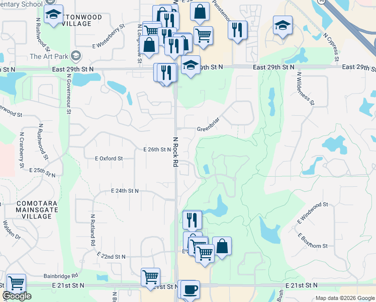 map of restaurants, bars, coffee shops, grocery stores, and more near 2685 North Dublin Circle in Wichita