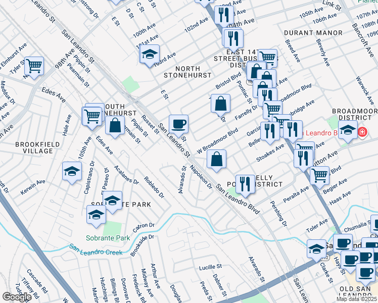 map of restaurants, bars, coffee shops, grocery stores, and more near 11070 San Leandro Street in Oakland