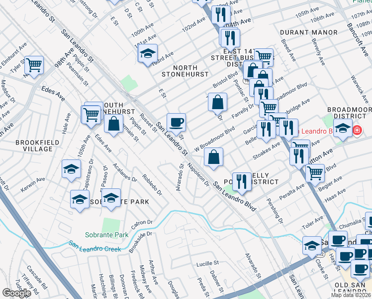 map of restaurants, bars, coffee shops, grocery stores, and more near 11070 San Leandro Street in Oakland