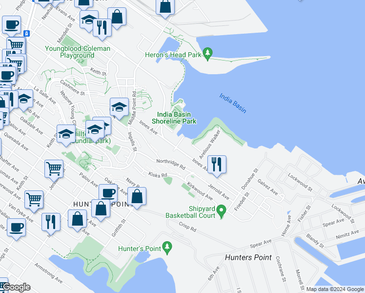 map of restaurants, bars, coffee shops, grocery stores, and more near 881 Innes Avenue in San Francisco