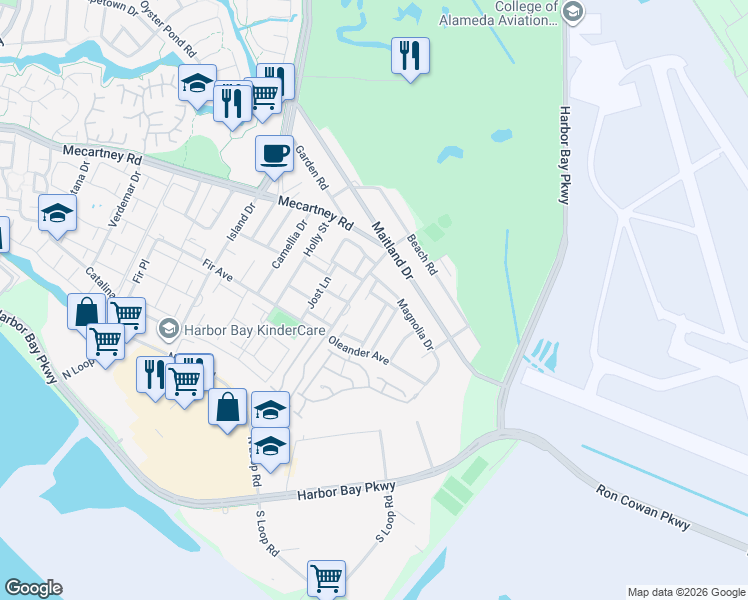map of restaurants, bars, coffee shops, grocery stores, and more near 3506 Savana Lane in Alameda