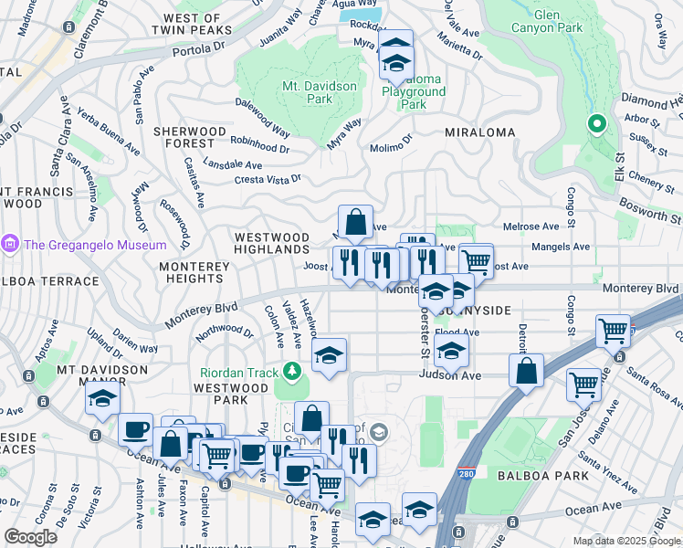 map of restaurants, bars, coffee shops, grocery stores, and more near 756 Joost Avenue in San Francisco