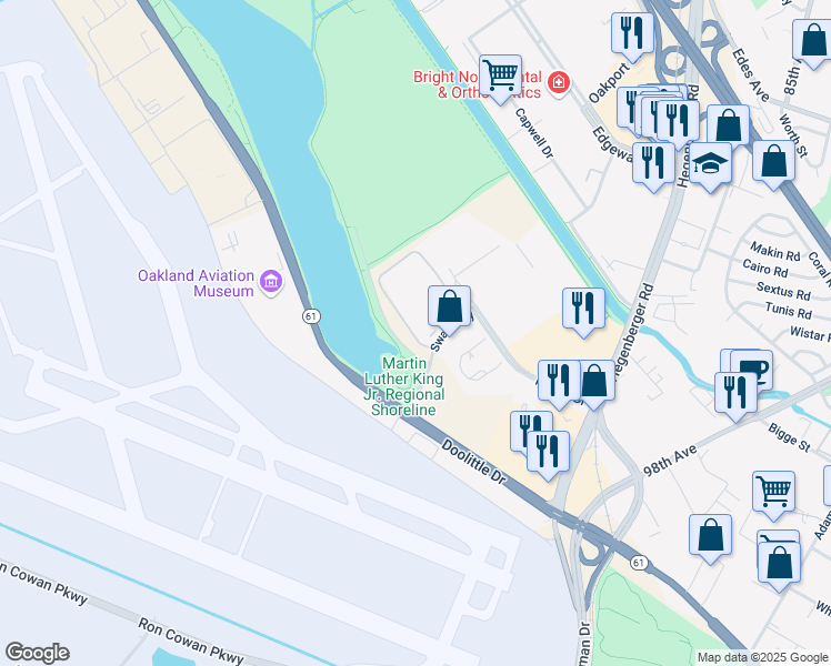 map of restaurants, bars, coffee shops, grocery stores, and more near 8350 Pardee Drive in Oakland