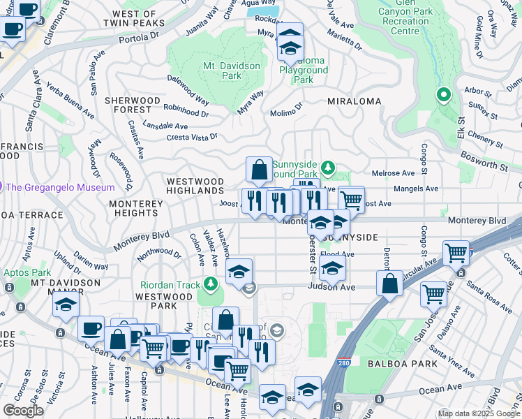 map of restaurants, bars, coffee shops, grocery stores, and more near 756 Joost Avenue in San Francisco