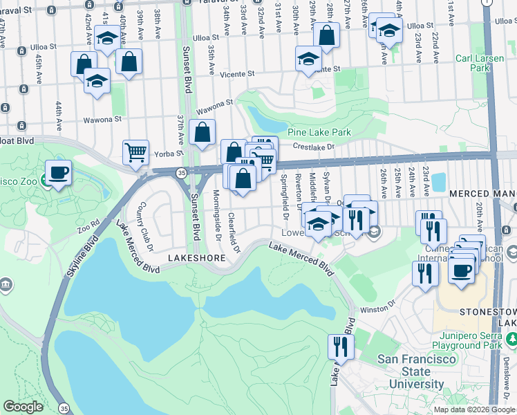 map of restaurants, bars, coffee shops, grocery stores, and more near Ocean Ave & Havenside Dr in San Francisco