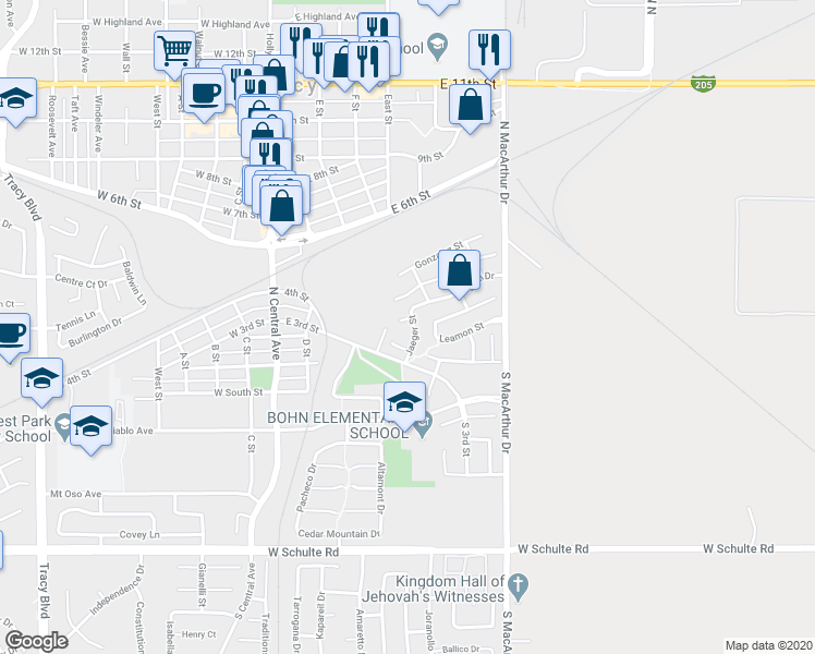 map of restaurants, bars, coffee shops, grocery stores, and more near 341 Accipiter Court in Tracy