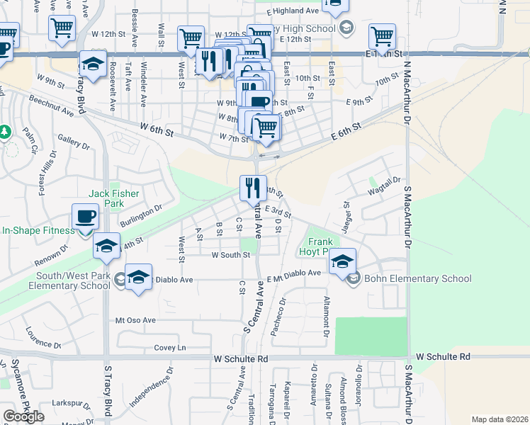 map of restaurants, bars, coffee shops, grocery stores, and more near 21 East 3rd Street in Tracy