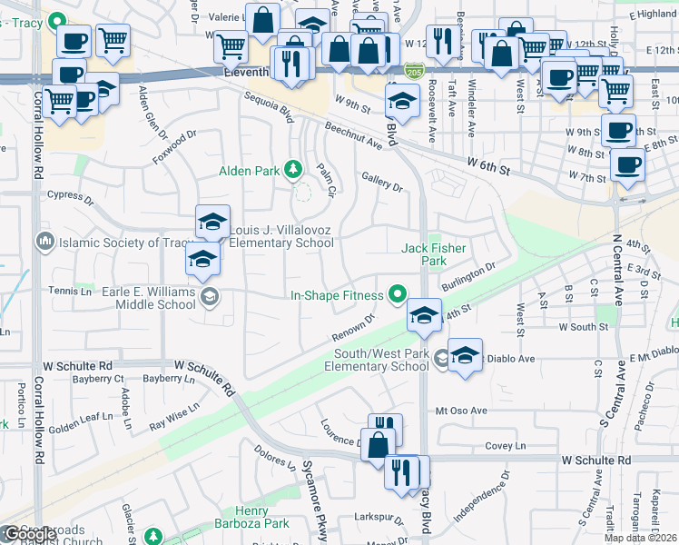 map of restaurants, bars, coffee shops, grocery stores, and more near 270 Forest Hills Drive in Tracy