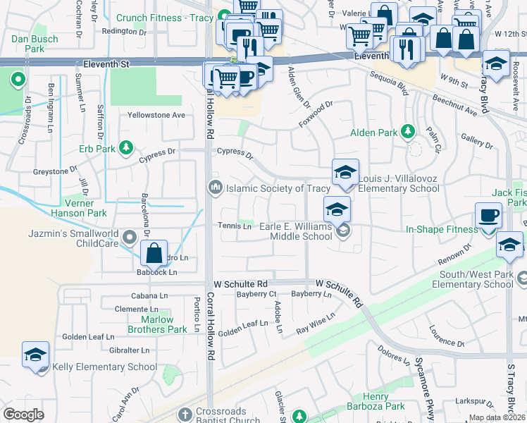 map of restaurants, bars, coffee shops, grocery stores, and more near 1885 Lone Fox Court in Tracy