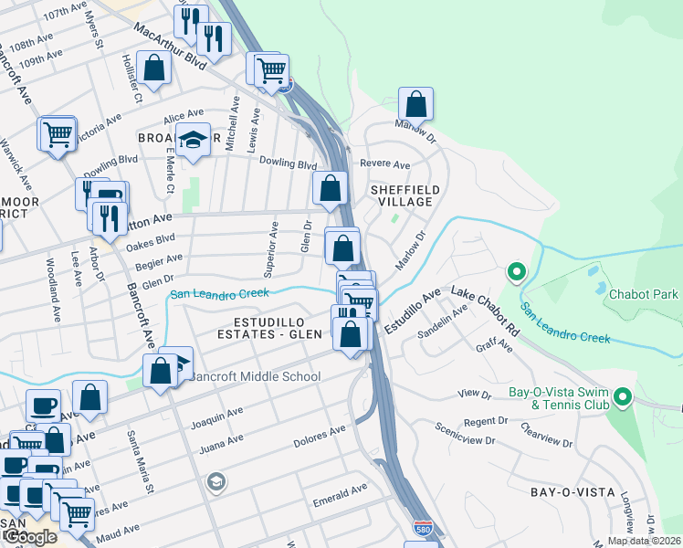 map of restaurants, bars, coffee shops, grocery stores, and more near 810 Saint Mary Avenue in San Leandro