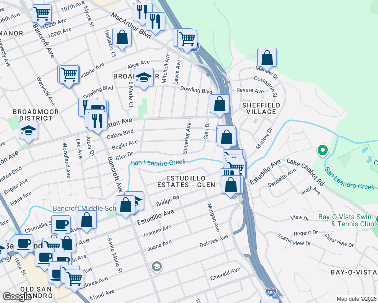 map of restaurants, bars, coffee shops, grocery stores, and more near 837 Superior Avenue in San Leandro