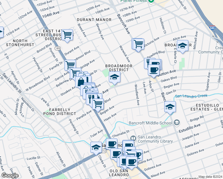 map of restaurants, bars, coffee shops, grocery stores, and more near 225 Dutton Avenue in San Leandro