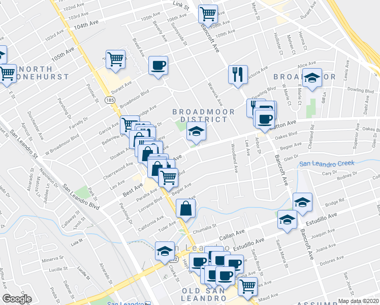 map of restaurants, bars, coffee shops, grocery stores, and more near 225 Dutton Avenue in San Leandro