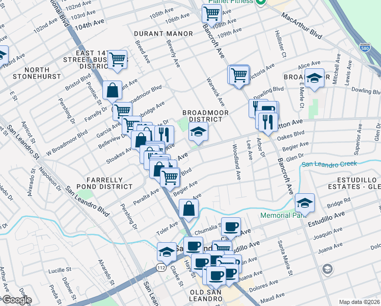 map of restaurants, bars, coffee shops, grocery stores, and more near 225 Dutton Avenue in San Leandro
