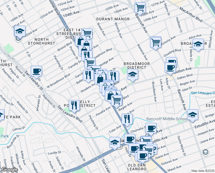map of restaurants, bars, coffee shops, grocery stores, and more near 74 Euclid Avenue in San Leandro