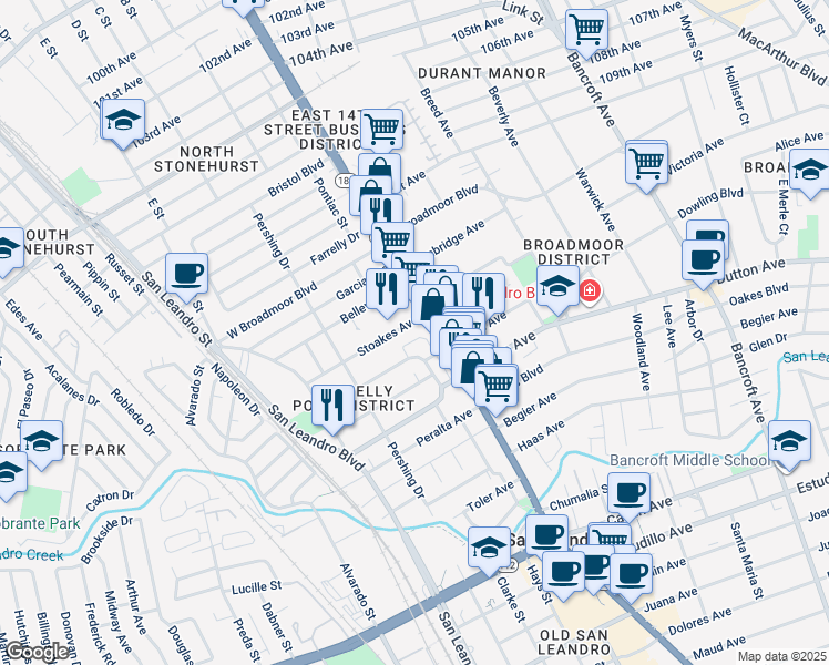 map of restaurants, bars, coffee shops, grocery stores, and more near 182 Stoakes Avenue in San Leandro