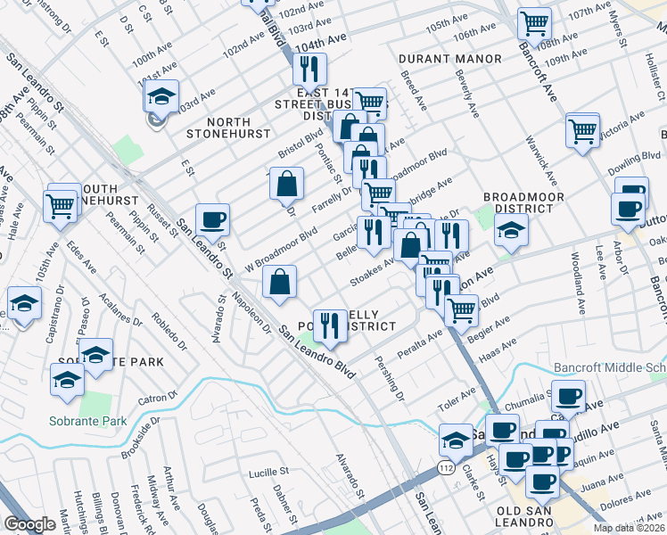 map of restaurants, bars, coffee shops, grocery stores, and more near 297 Garcia Avenue in San Leandro