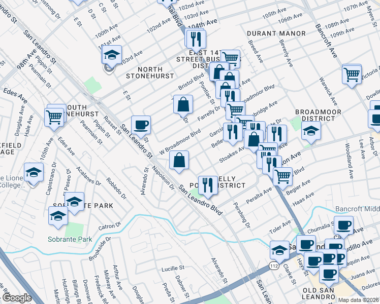 map of restaurants, bars, coffee shops, grocery stores, and more near 350 Garcia Avenue in San Leandro