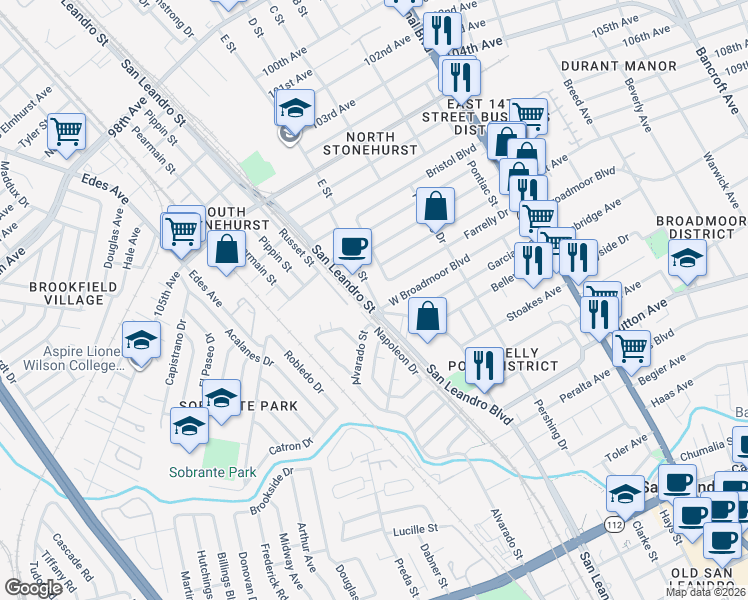 map of restaurants, bars, coffee shops, grocery stores, and more near 11047 Apricot Street in Oakland