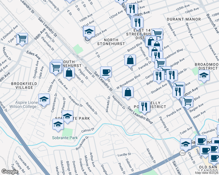 map of restaurants, bars, coffee shops, grocery stores, and more near 11047 Apricot Street in Oakland