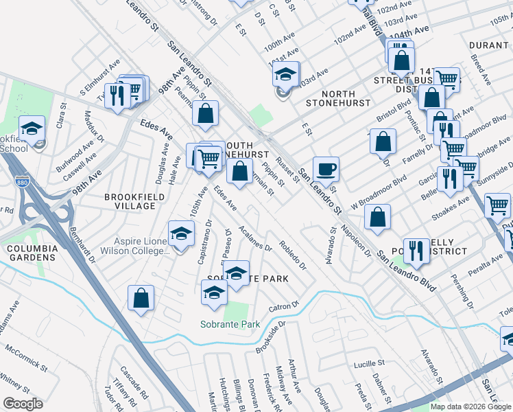 map of restaurants, bars, coffee shops, grocery stores, and more near 750 107th Avenue in Oakland
