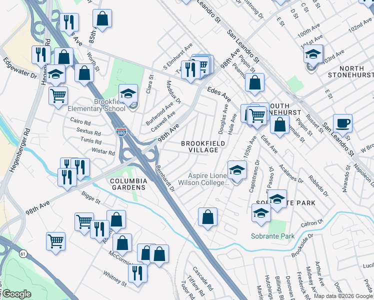 map of restaurants, bars, coffee shops, grocery stores, and more near 332 Ghormley Avenue in Oakland