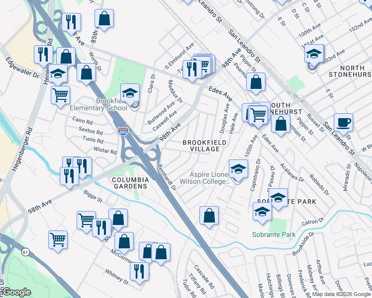 map of restaurants, bars, coffee shops, grocery stores, and more near 332 Ghormley Avenue in Oakland