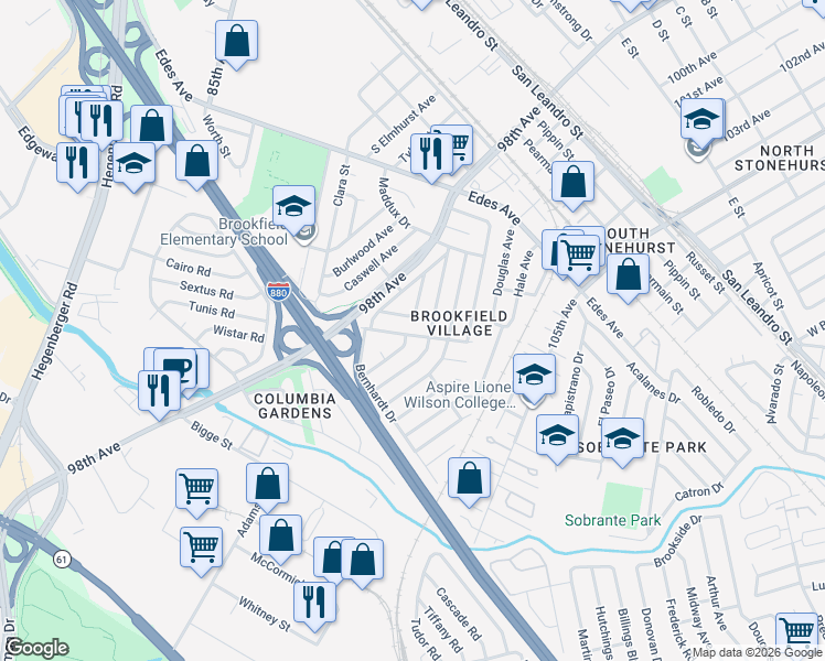map of restaurants, bars, coffee shops, grocery stores, and more near 30 Eldridge Avenue in Oakland