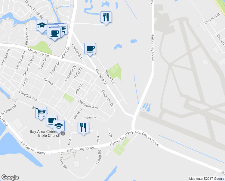 map of restaurants, bars, coffee shops, grocery stores, and more near 330 Beach Road in Alameda