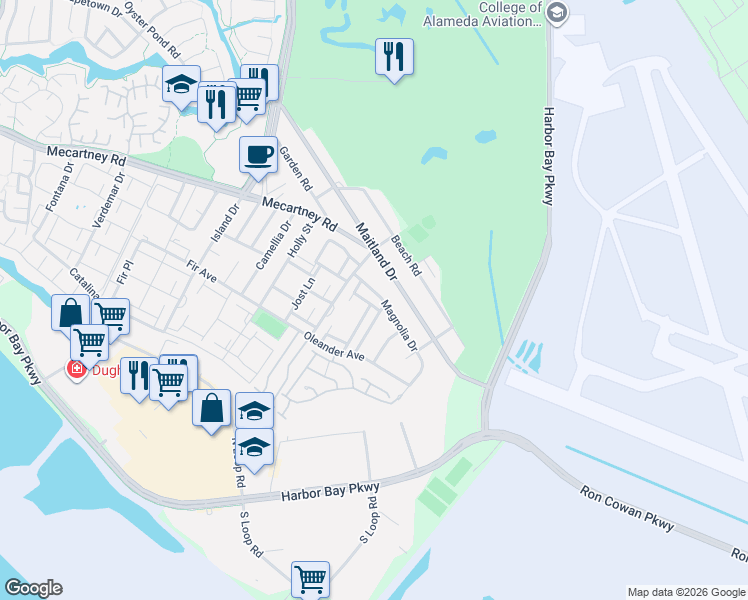 map of restaurants, bars, coffee shops, grocery stores, and more near 306 Maitland Drive in Alameda