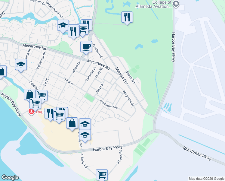 map of restaurants, bars, coffee shops, grocery stores, and more near 1032 Ginger Lane in Alameda