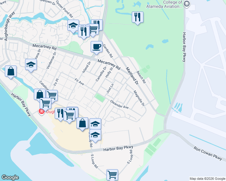 map of restaurants, bars, coffee shops, grocery stores, and more near 3445 Dutchcap Lane in Alameda