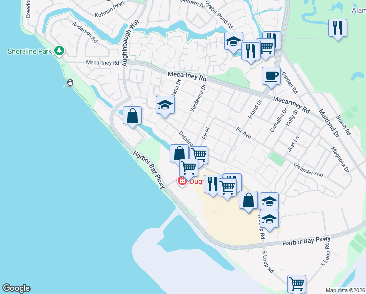 map of restaurants, bars, coffee shops, grocery stores, and more near 15 Duarte Court in Alameda