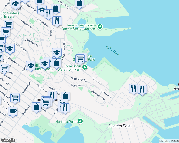 map of restaurants, bars, coffee shops, grocery stores, and more near V Innes Avenue in San Francisco