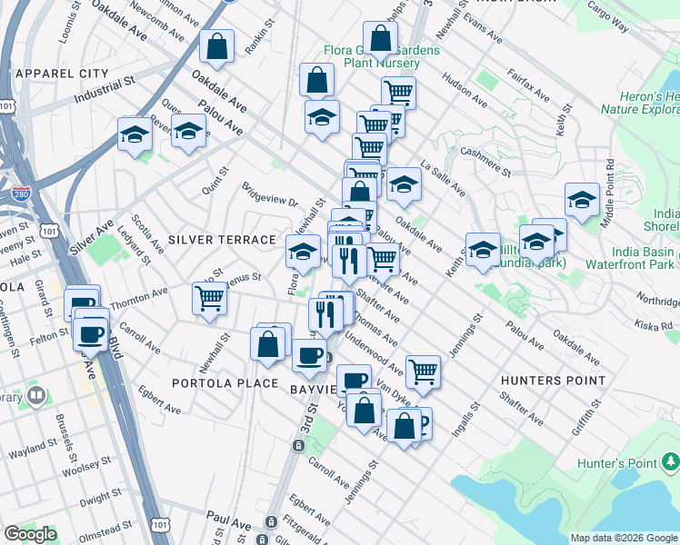 map of restaurants, bars, coffee shops, grocery stores, and more near 2 Latona Street in San Francisco