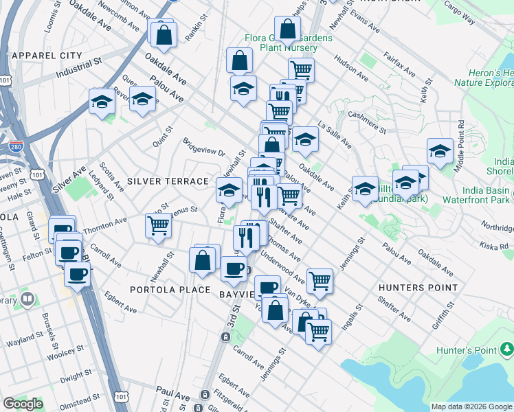map of restaurants, bars, coffee shops, grocery stores, and more near 2 Latona Street in San Francisco