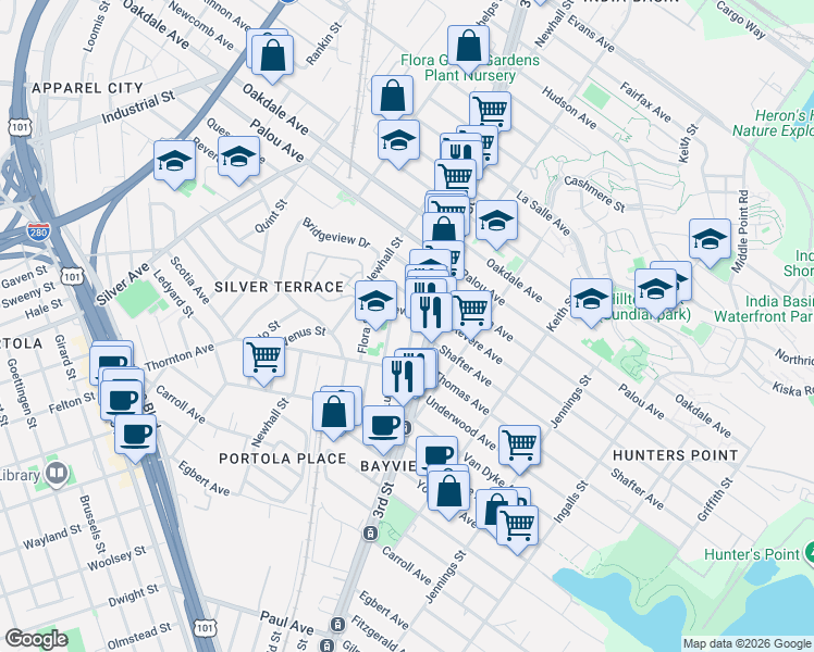 map of restaurants, bars, coffee shops, grocery stores, and more near 2 Latona Street in San Francisco