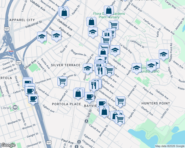 map of restaurants, bars, coffee shops, grocery stores, and more near 2 Latona Street in San Francisco