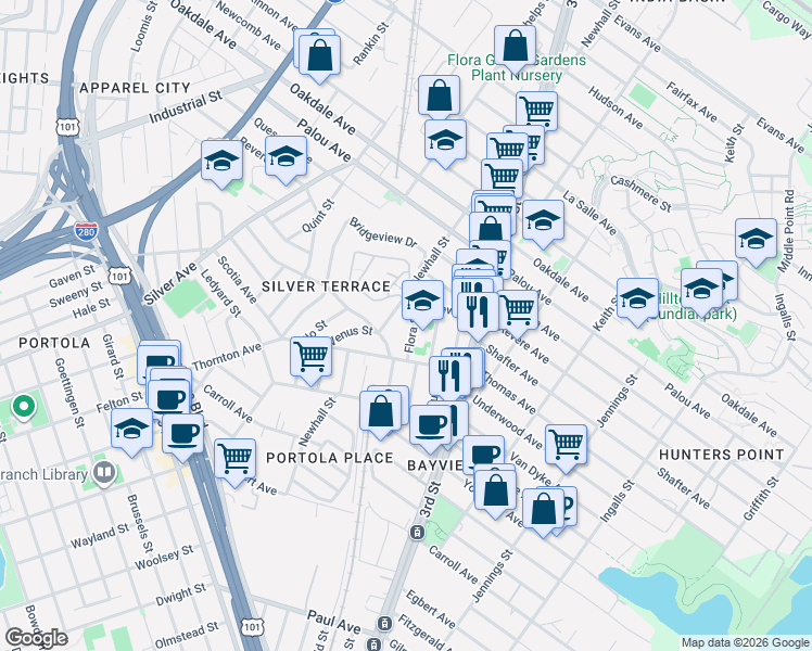 map of restaurants, bars, coffee shops, grocery stores, and more near 10 Flora Street in San Francisco